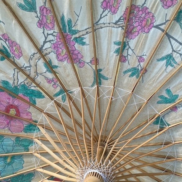 Vintage Rice Paper Umbrella Japanese Bamboo and Wood with Birds Floral F… - Picture 5 of 8